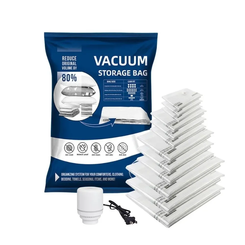 Blue vacuum storage bag package with compression bags and electric pump
